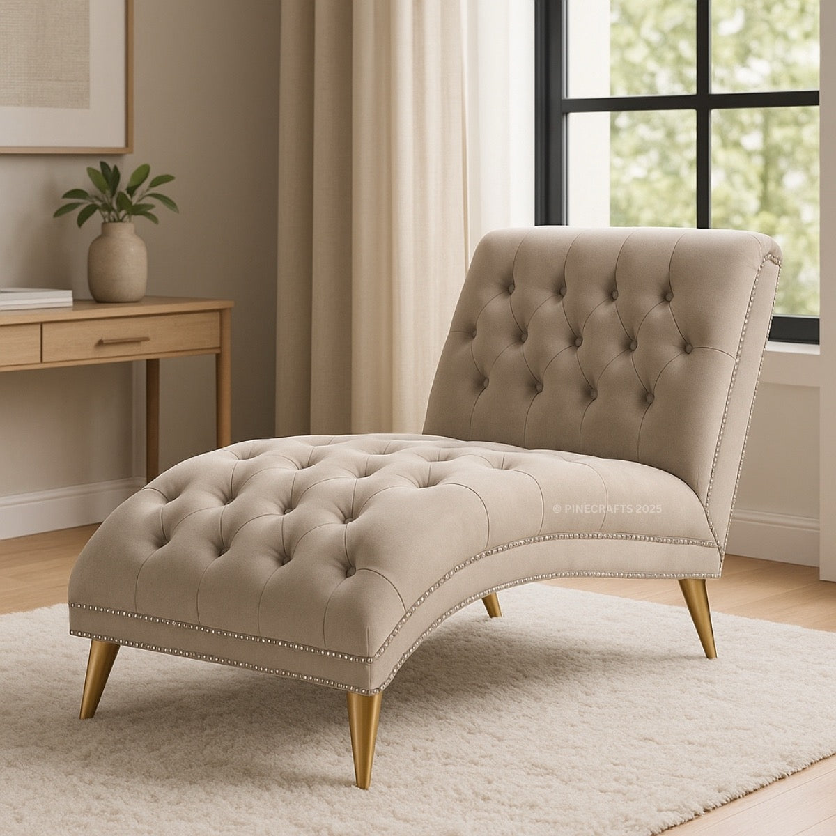 Beige tufted chaise lounge in a living room setting with a desk and plant.